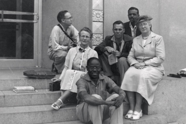 Helen C. White and her creative writing class outside UW-Madison's Memorial Library, 1954
